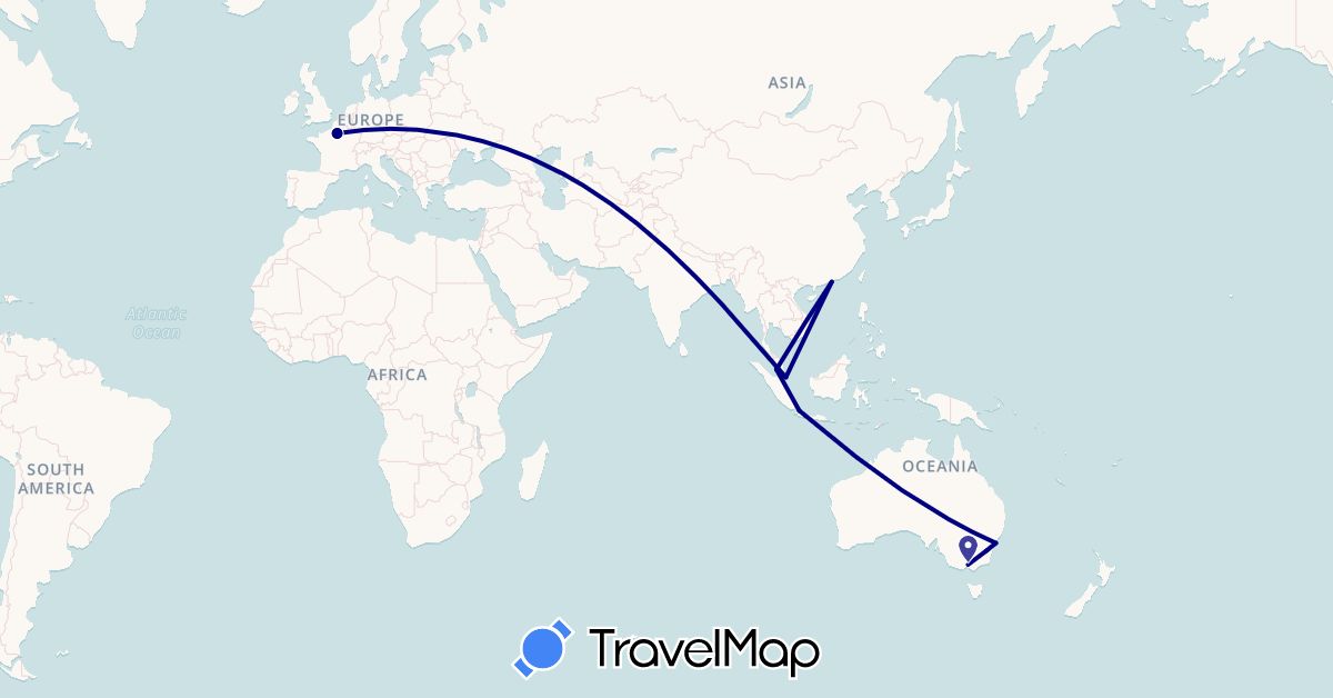TravelMap itinerary: driving in Australia, France, Hong Kong, Indonesia, Malaysia, Singapore (Asia, Europe, Oceania)